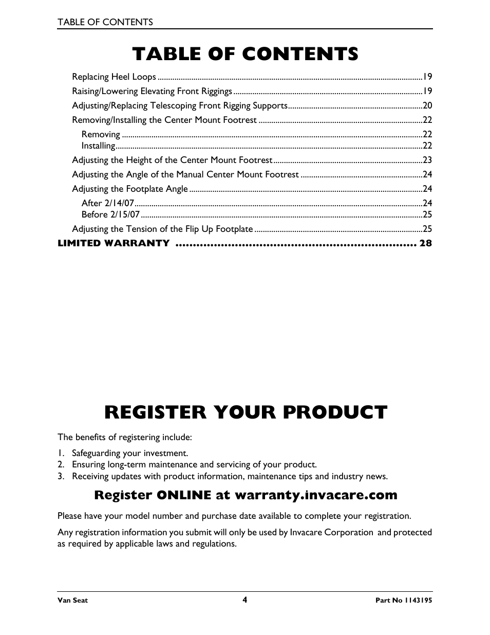 Invacare Van Seat PHWH93 User Manual | Page 4 / 28