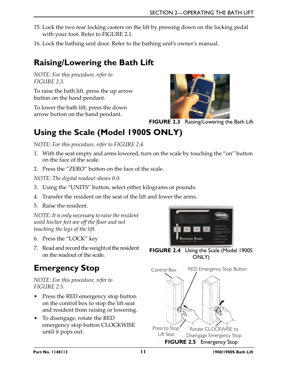 Raising/lowering the bath lift, Using the scale (model 1900s only), Emergency stop | Invacare 1900 User Manual | Page 11 / 24