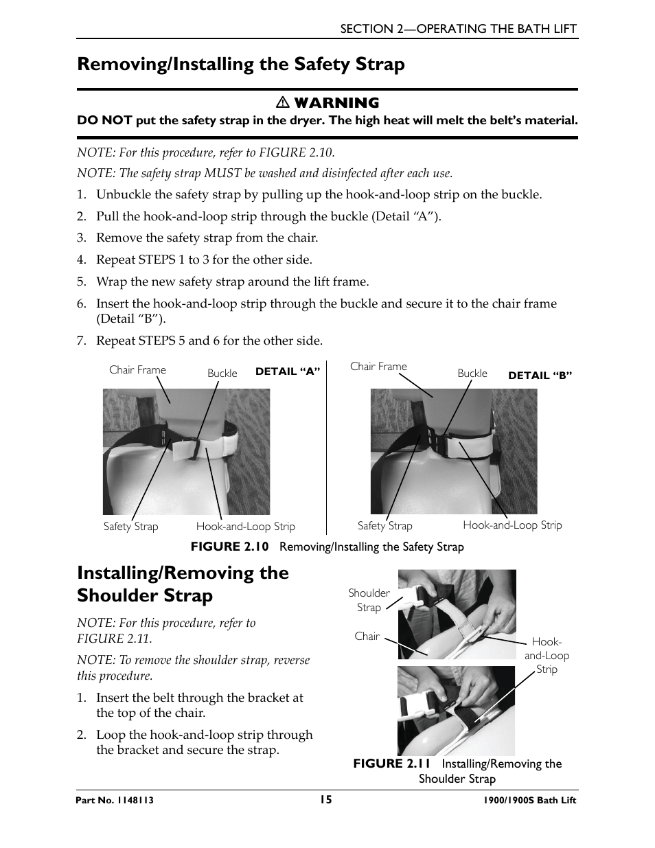 Removing/installing the safety strap, Installing/removing the shoulder strap | Invacare 1900 User Manual | Page 15 / 24