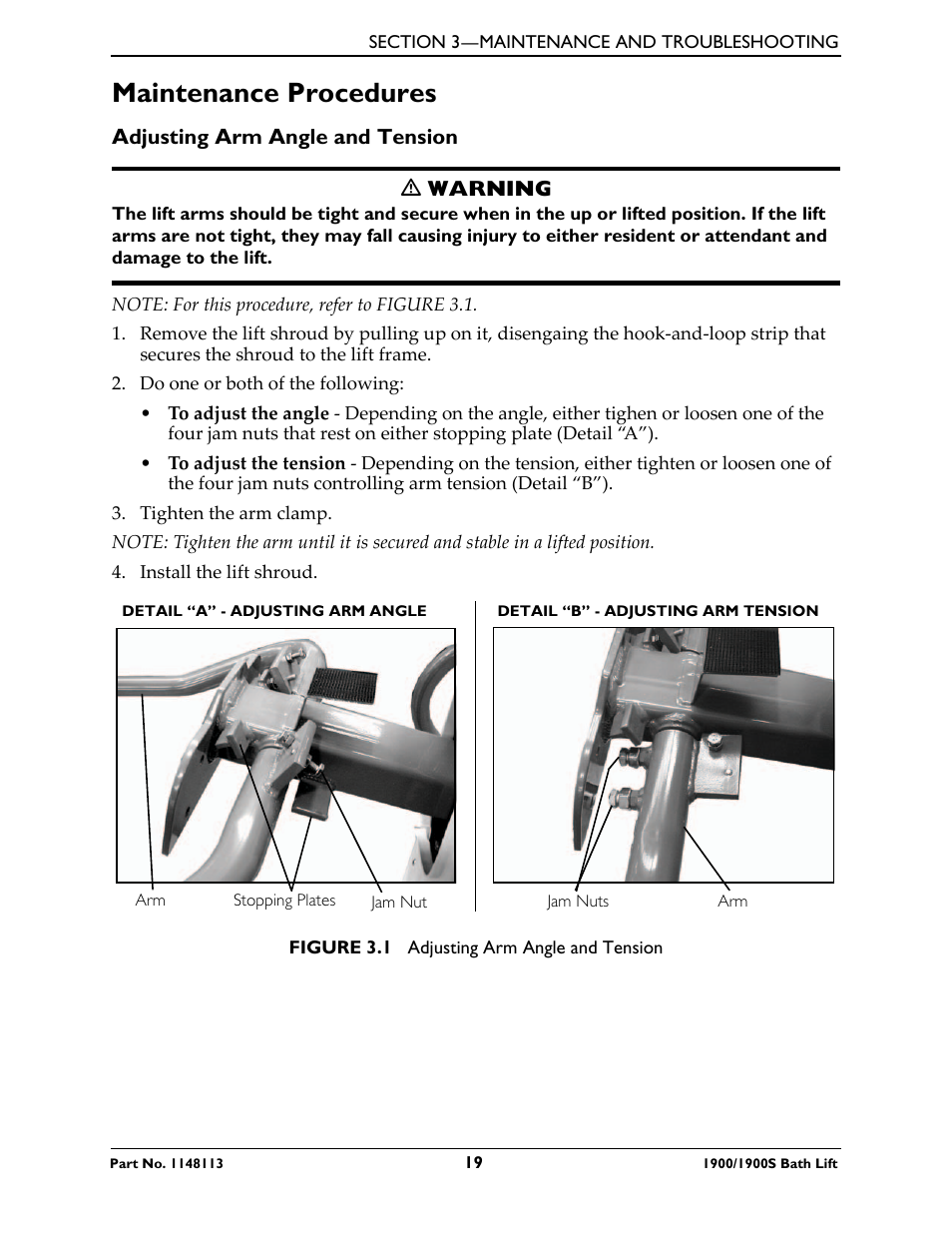 Maintenance procedures, Adjusting arm angle and tension | Invacare 1900 User Manual | Page 19 / 24