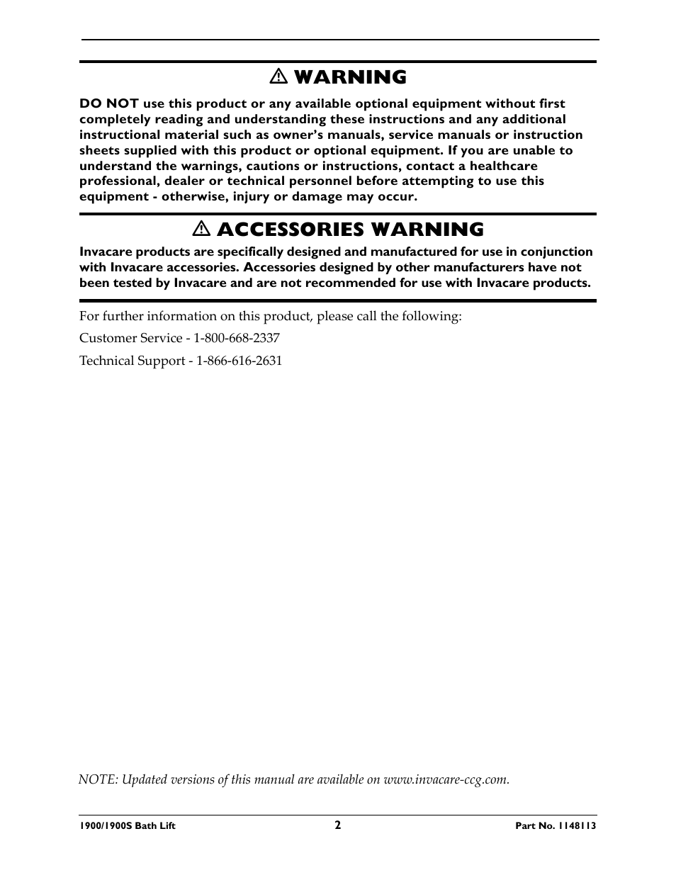 Ƽ warning, Ƽ accessories warning | Invacare 1900 User Manual | Page 2 / 24