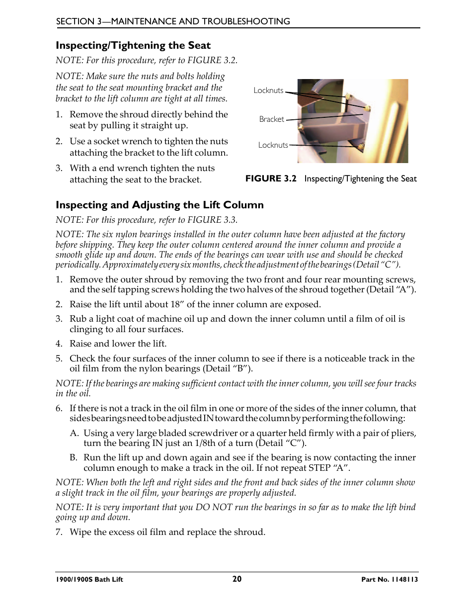 Inspecting/tightening the seat, Inspecting and adjusting the lift column | Invacare 1900 User Manual | Page 20 / 24