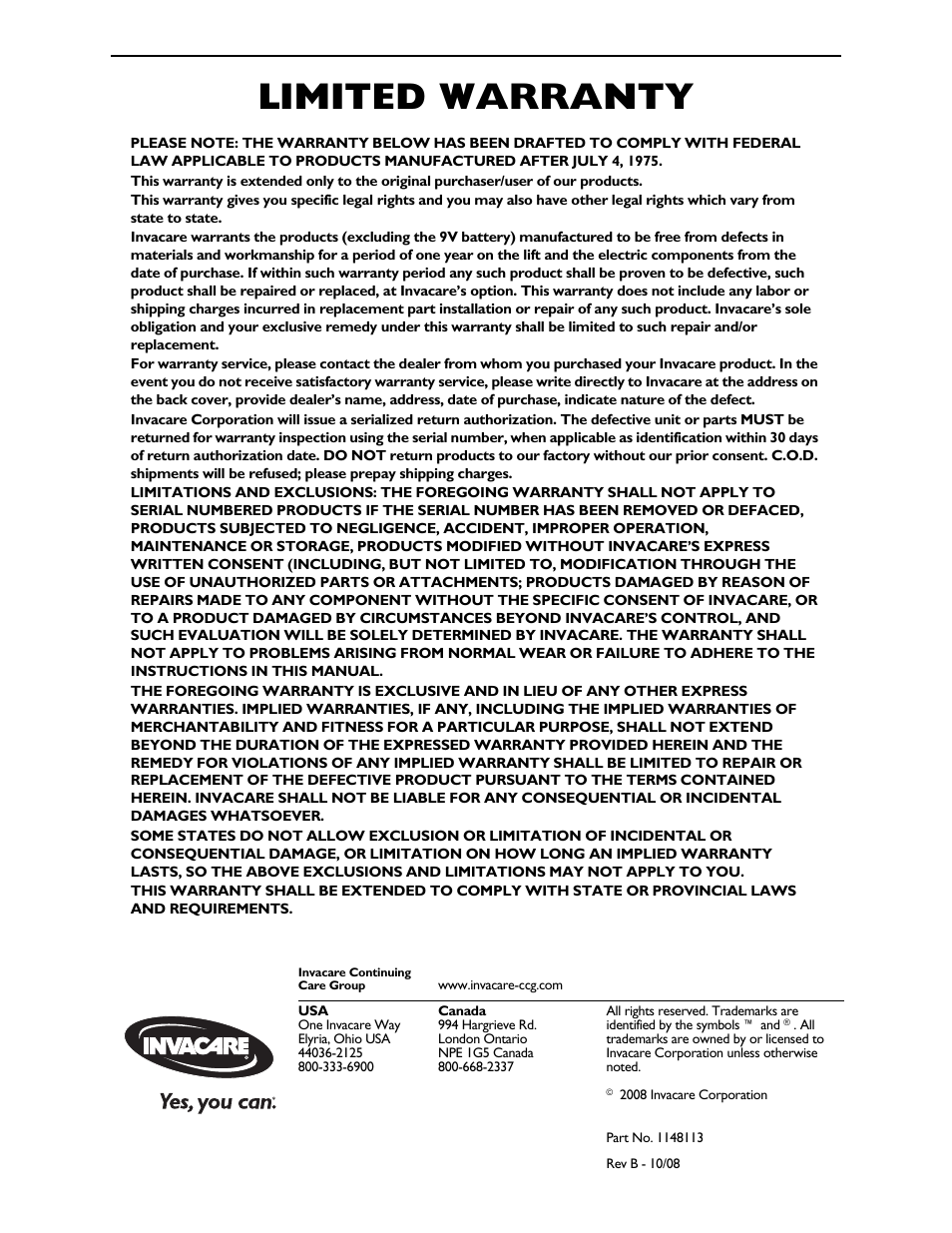 Part no. 1148113, Limited warranty | Invacare 1900 User Manual | Page 24 / 24