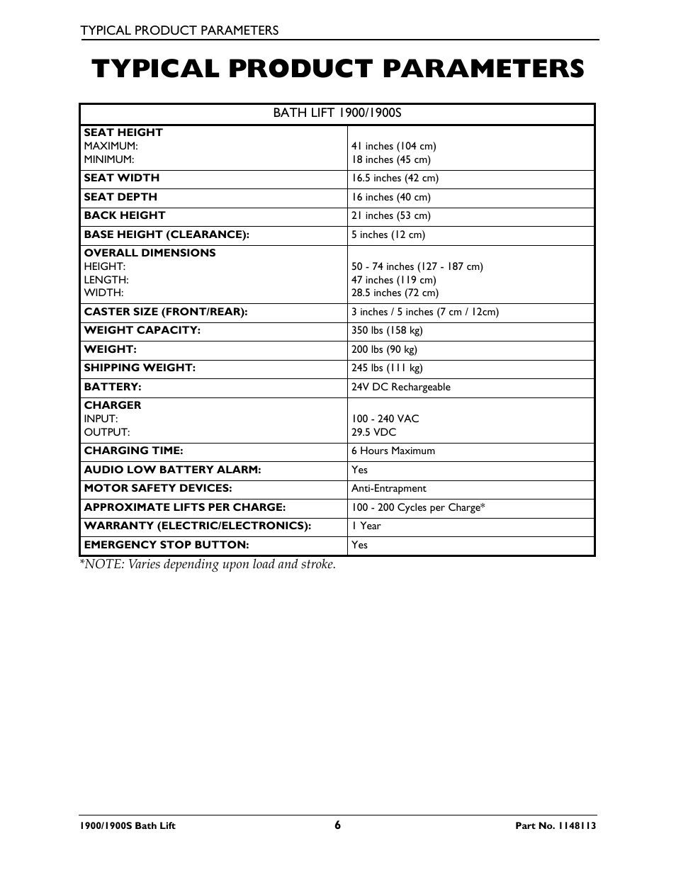 Typical product parameters | Invacare 1900 User Manual | Page 6 / 24