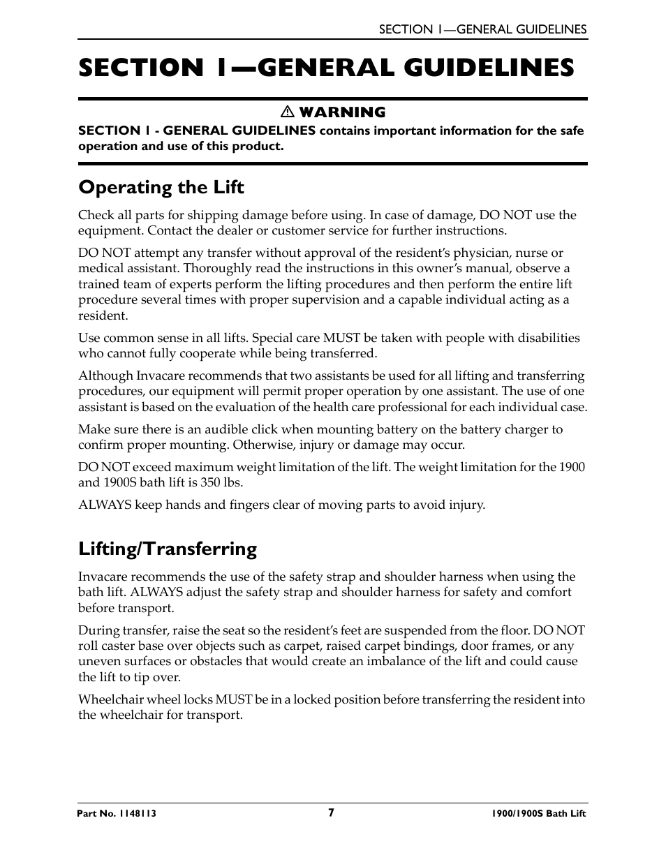 Section 1—general guidelines, Operating the lift lifting/transferring, Operating the lift | Lifting/transferring | Invacare 1900 User Manual | Page 7 / 24