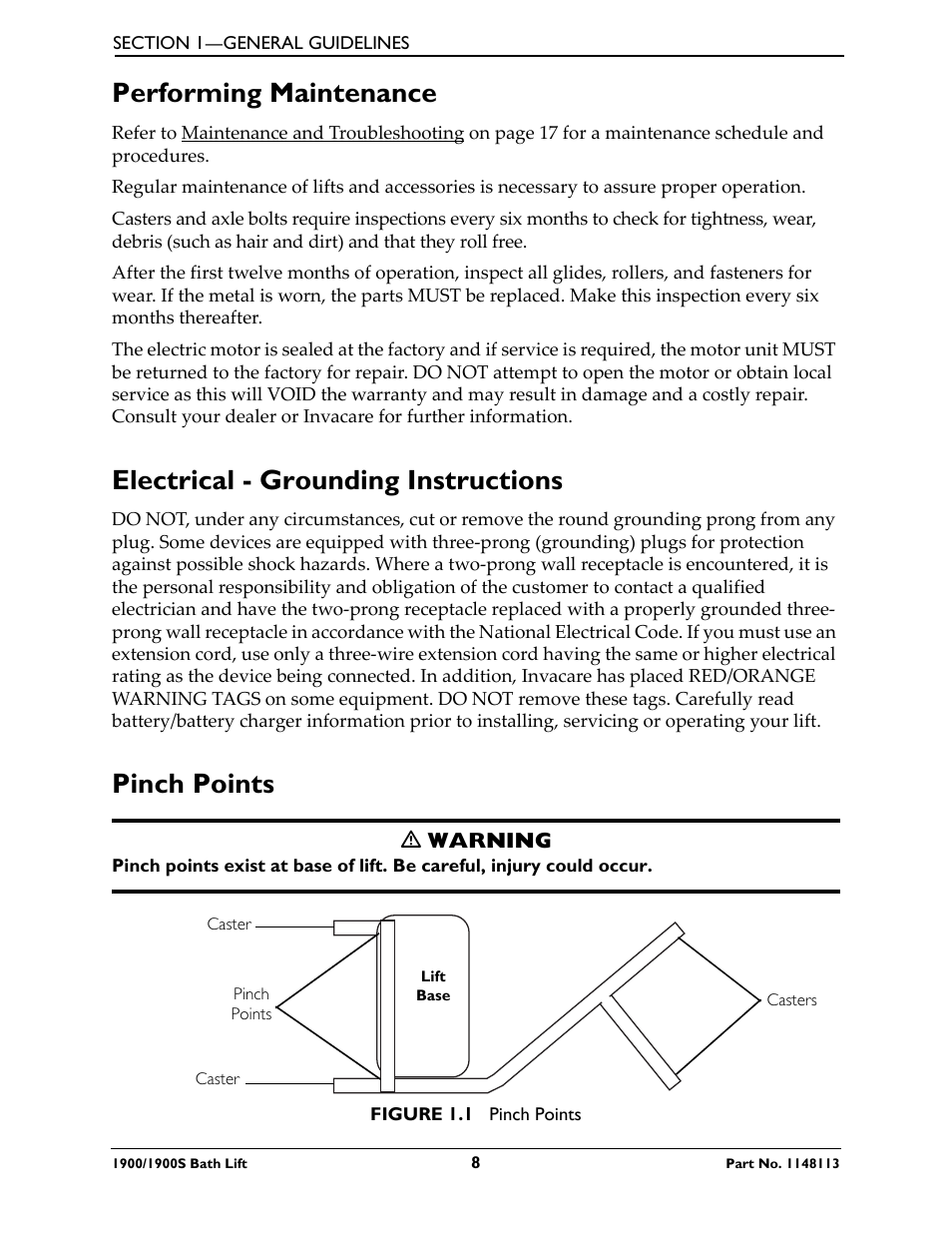 Performing maintenance, Electrical - grounding instructions, Pinch points | Invacare 1900 User Manual | Page 8 / 24