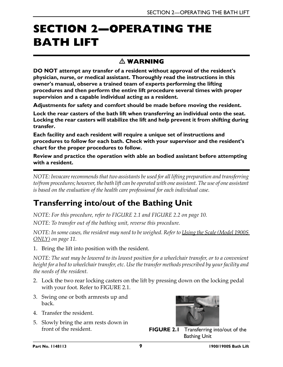 Section 2—operating the bath lift, Transferring into/out of the bathing unit | Invacare 1900 User Manual | Page 9 / 24