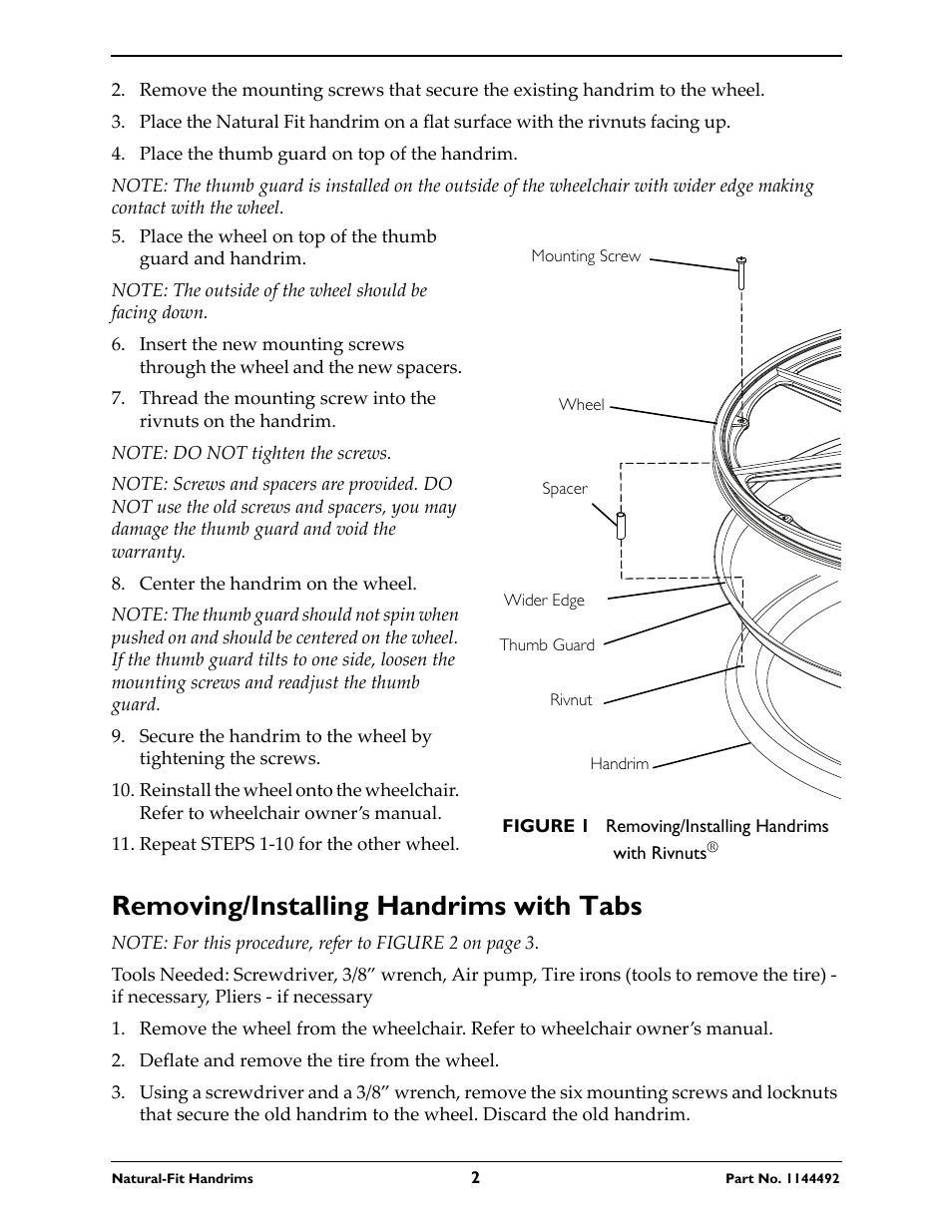 Removing/installing handrims with tabs | Invacare 1144492 User Manual | Page 2 / 4