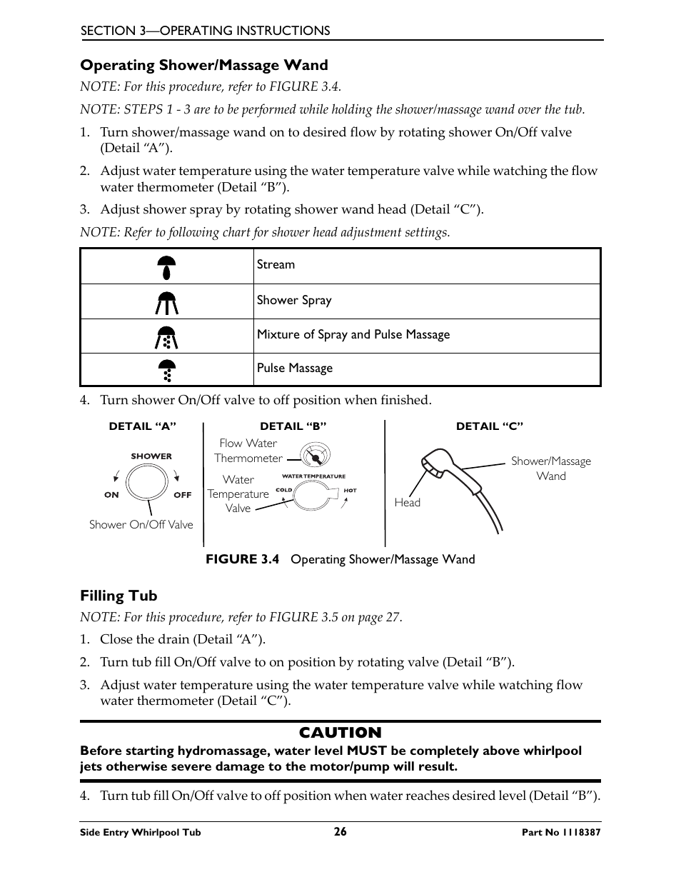Operating shower/massage wand filling tub | Invacare 3600XL User Manual | Page 26 / 36