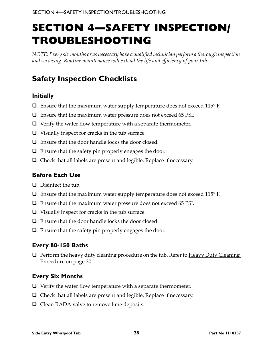 Section 4—safety inspection/troubleshooting, Safety inspection checklists | Invacare 3600XL User Manual | Page 28 / 36