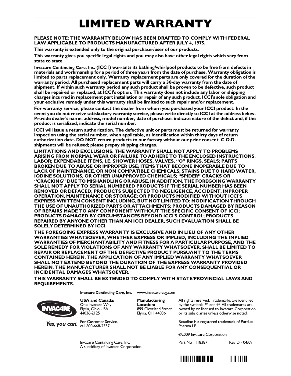 Part no 1118387, Limited warranty | Invacare 3600XL User Manual | Page 36 / 36