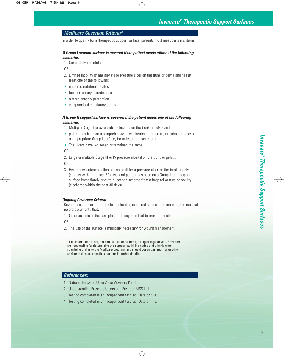 Invacare, Therapeutic support surfaces invacare, Therapeutic support surfaces | Medicare coverage criteria, References | Invacare CG10180CA User Manual | Page 9 / 12