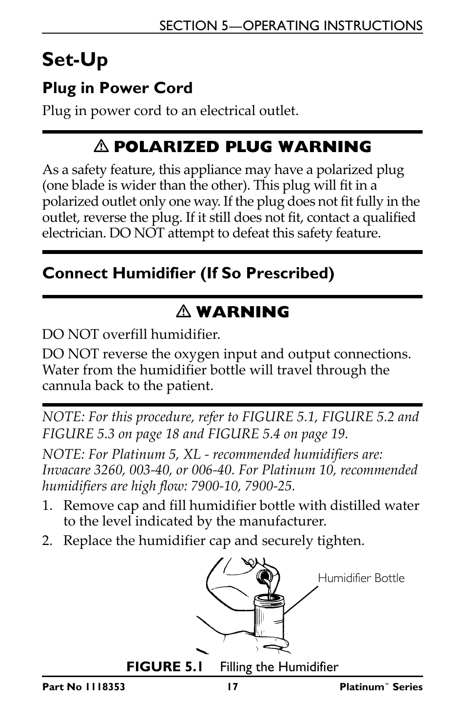 Set-up, Plug in power cord, Connect humidifier (if so prescribed) | Ƽ polarized plug warning, Connect humidifier (if so prescribed) ƽ warning | Invacare IRC10LX User Manual | Page 17 / 32