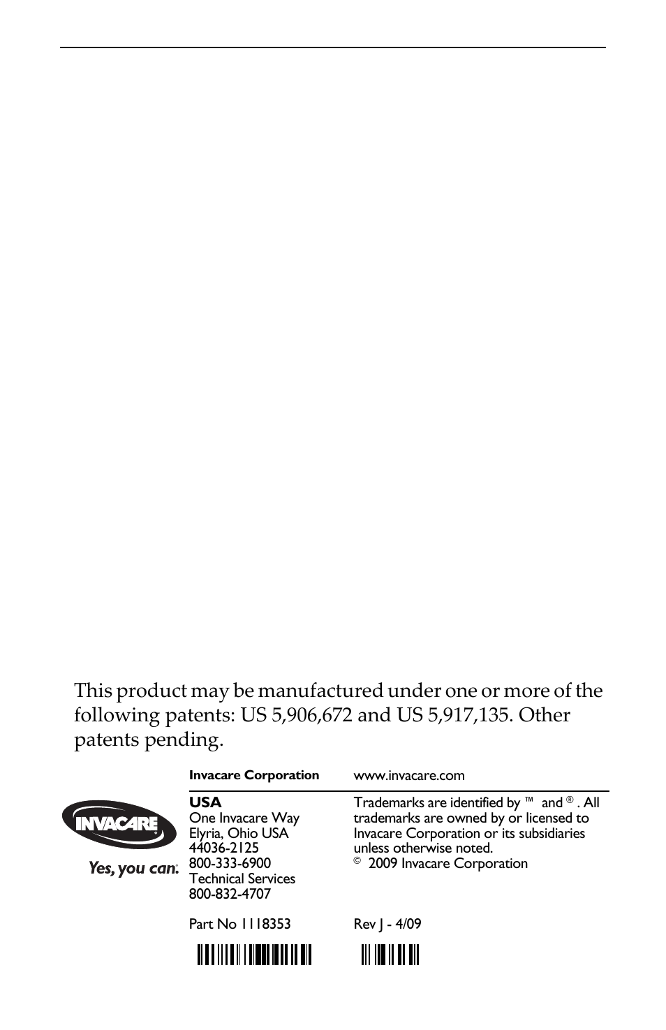 Part no 1118353 | Invacare IRC10LX User Manual | Page 32 / 32