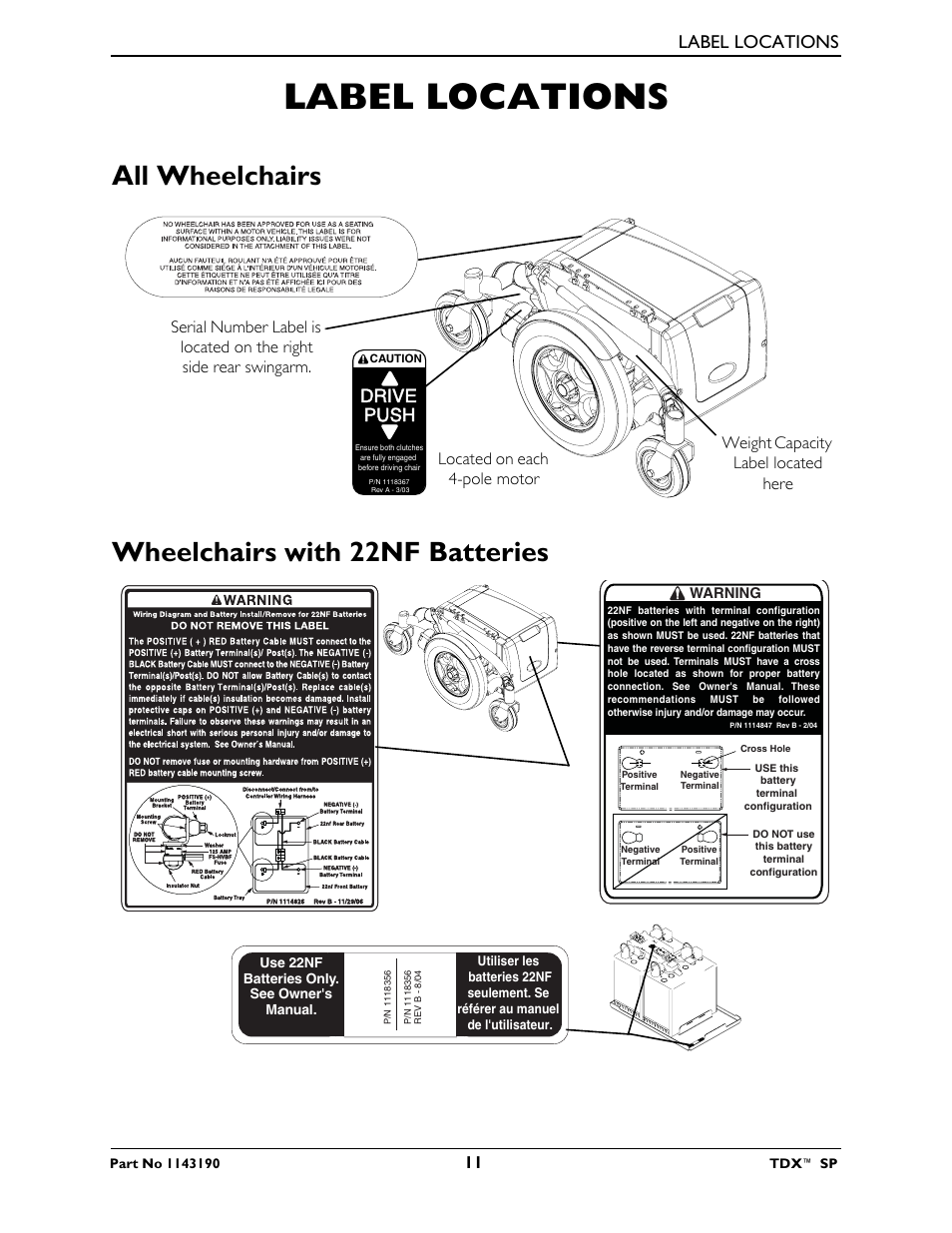 Label locations, All wheelchairs, All wheelchairs wheelchairs with 22nf batteries | Drive push, Located on each 4-pole motor | Invacare TDX SP User Manual | Page 11 / 72