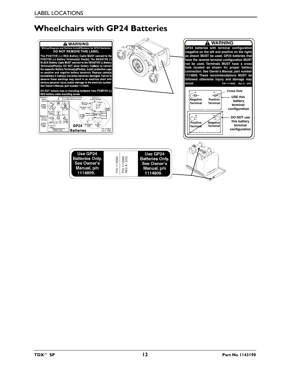 Wheelchairs with gp24 batteries, Label locations, Warning | Invacare TDX SP User Manual | Page 12 / 72