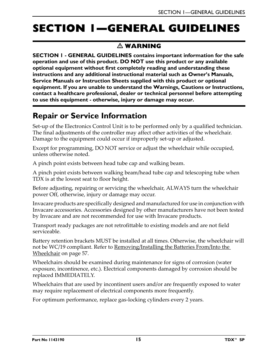 Section 1—general guidelines, Repair or service information | Invacare TDX SP User Manual | Page 15 / 72