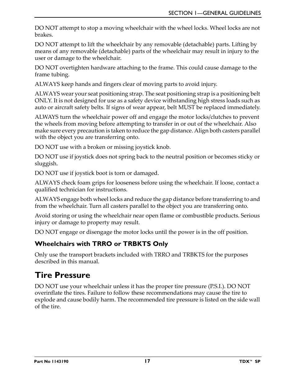 Wheelchairs with trro or trbkts only, Tire pressure | Invacare TDX SP User Manual | Page 17 / 72