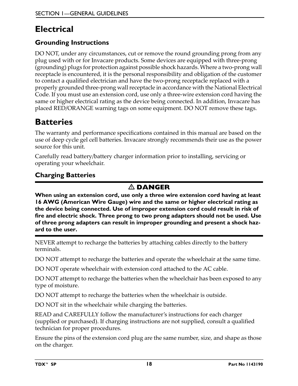 Electrical, Grounding instructions, Batteries | Charging batteries | Invacare TDX SP User Manual | Page 18 / 72