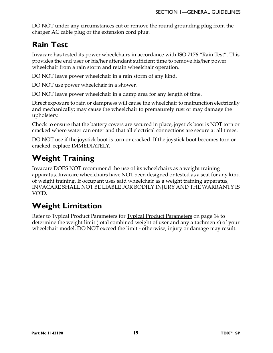 Rain test weight training weight limitation, Rain test, Weight training | Weight limitation | Invacare TDX SP User Manual | Page 19 / 72