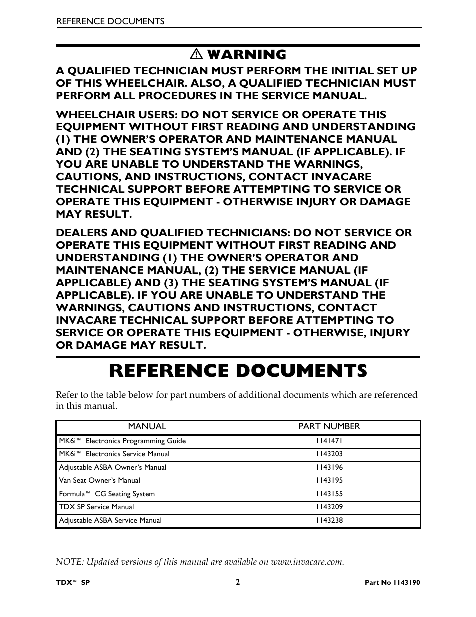 Reference documents, Ƽ warning | Invacare TDX SP User Manual | Page 2 / 72