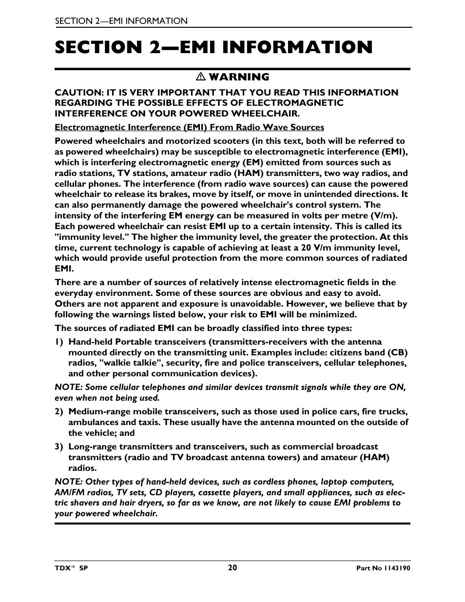 Section 2—emi information | Invacare TDX SP User Manual | Page 20 / 72