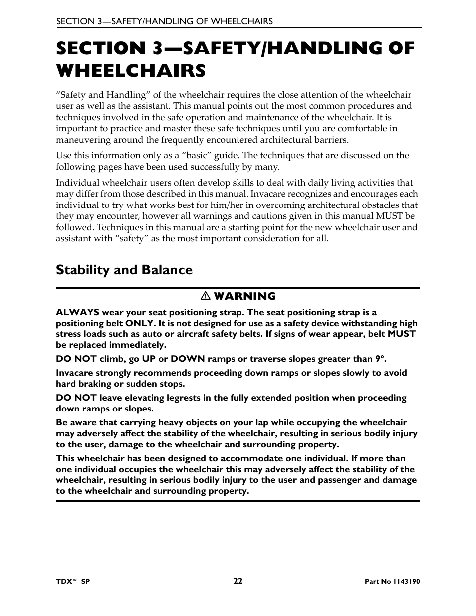 Section 3—safety/handling of wheelchairs, Stability and balance | Invacare TDX SP User Manual | Page 22 / 72