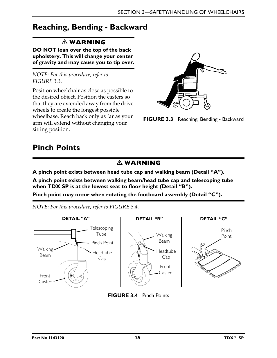Reaching, bending - backward pinch points, Reaching, bending - backward, Pinch points | Invacare TDX SP User Manual | Page 25 / 72