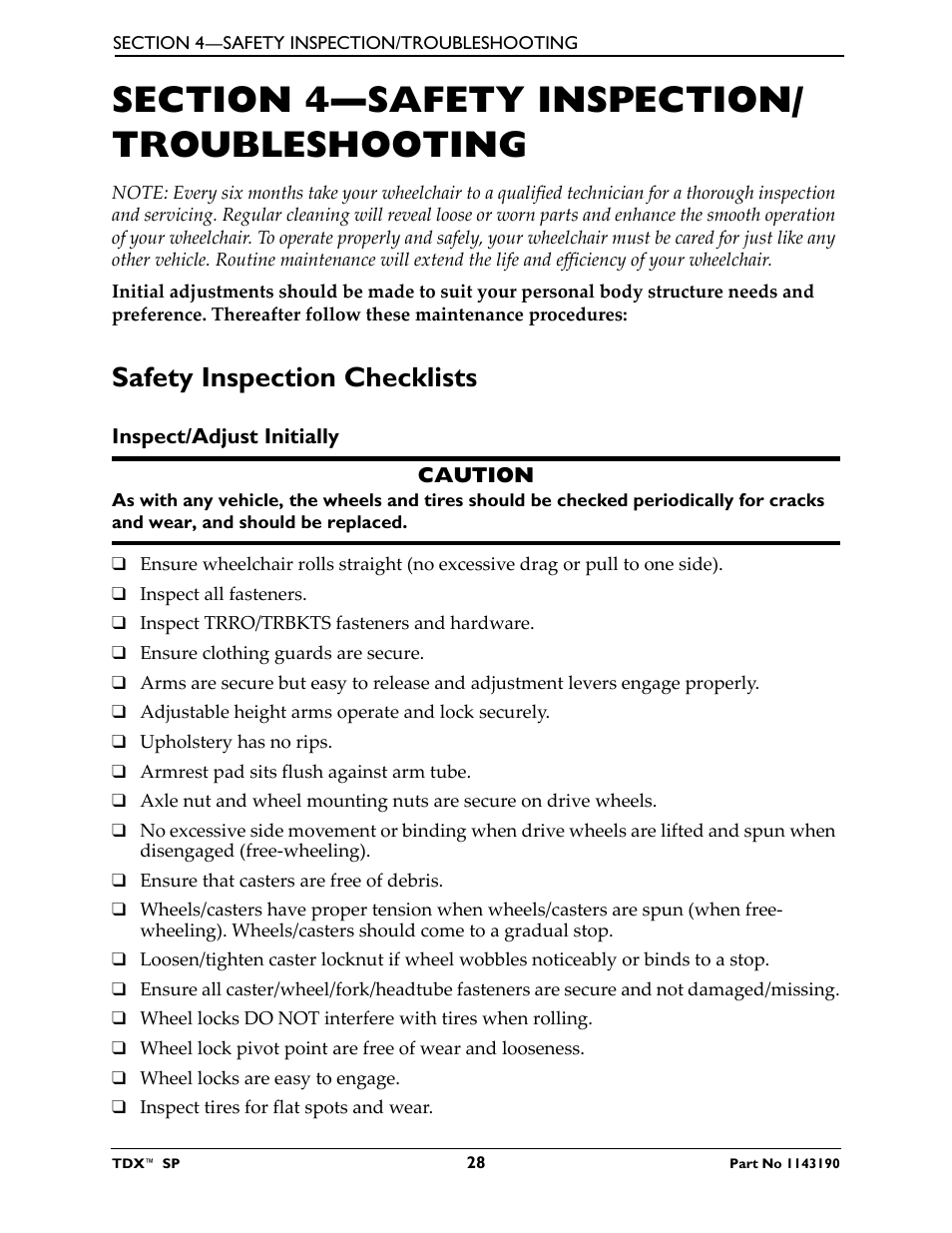 Section 4—safety inspection/troubleshooting, Safety inspection checklists, Inspect/adjust initially | Invacare TDX SP User Manual | Page 28 / 72