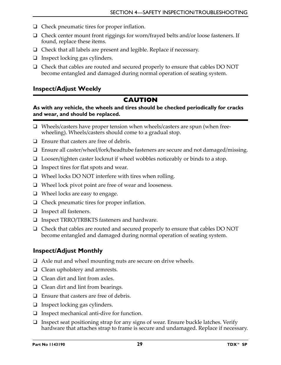 Inspect/adjust weekly, Inspect/adjust monthly | Invacare TDX SP User Manual | Page 29 / 72