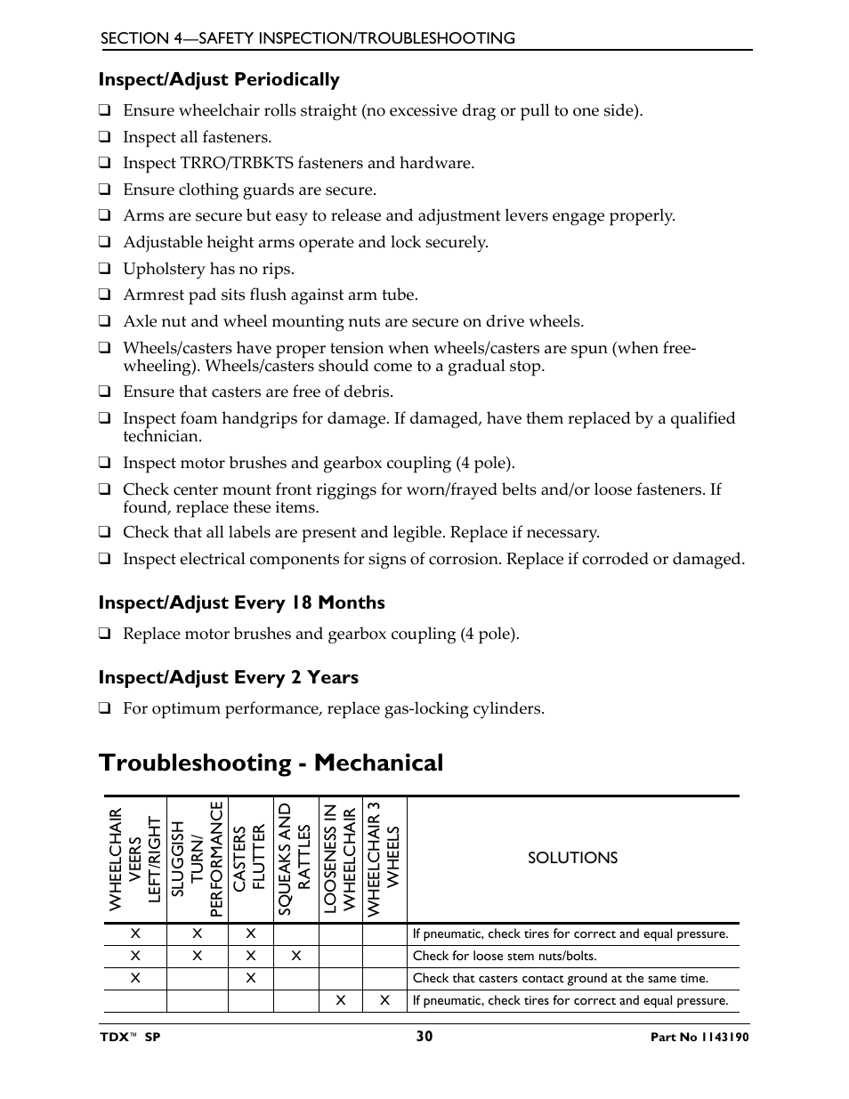 Inspect/adjust periodically, Inspect/adjust every 18 months, Inspect/adjust every 2 years | Troubleshooting - mechanical | Invacare TDX SP User Manual | Page 30 / 72