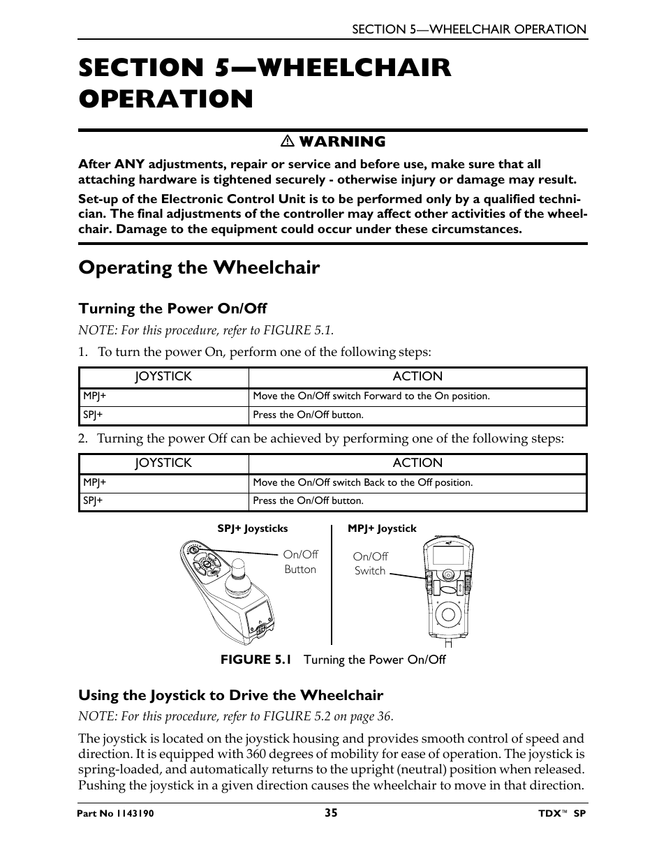 Section 5—wheelchair operation, Operating the wheelchair, Turning the power on/off | Using the joystick to drive the wheelchair | Invacare TDX SP User Manual | Page 35 / 72