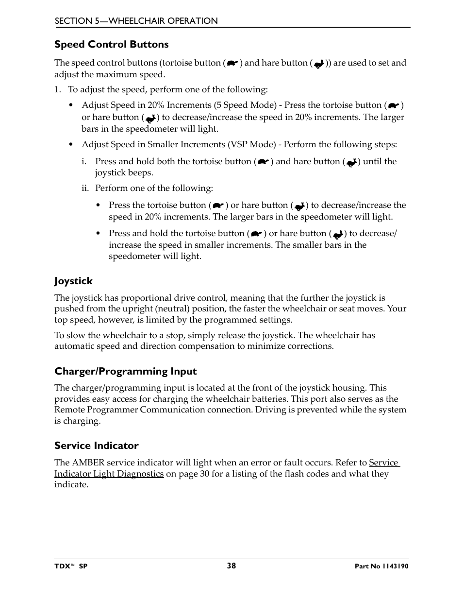 Speed control buttons, Joystick, Charger/programming input | Service indicator | Invacare TDX SP User Manual | Page 38 / 72