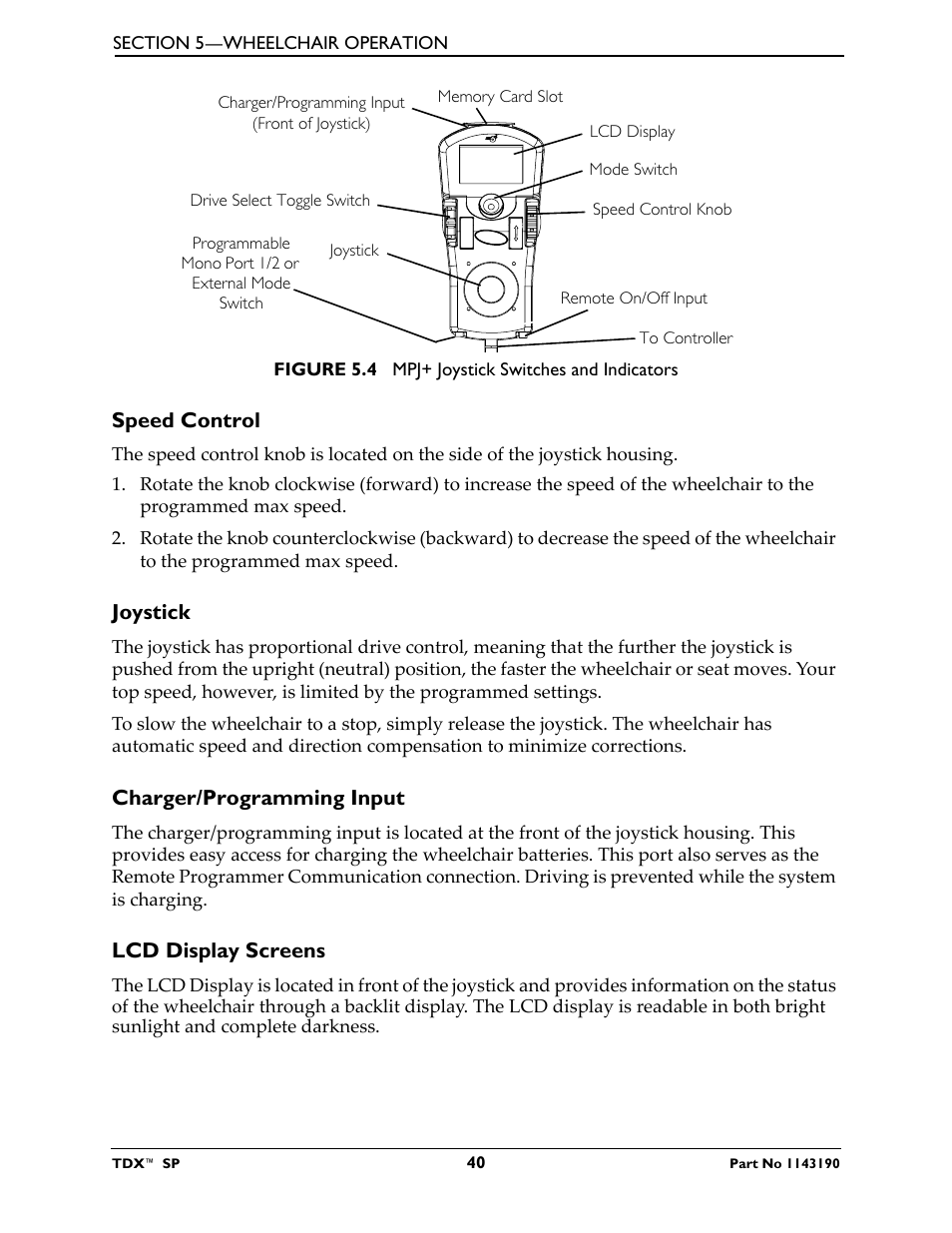 Speed control, Joystick, Charger/programming input | Lcd display screens | Invacare TDX SP User Manual | Page 40 / 72