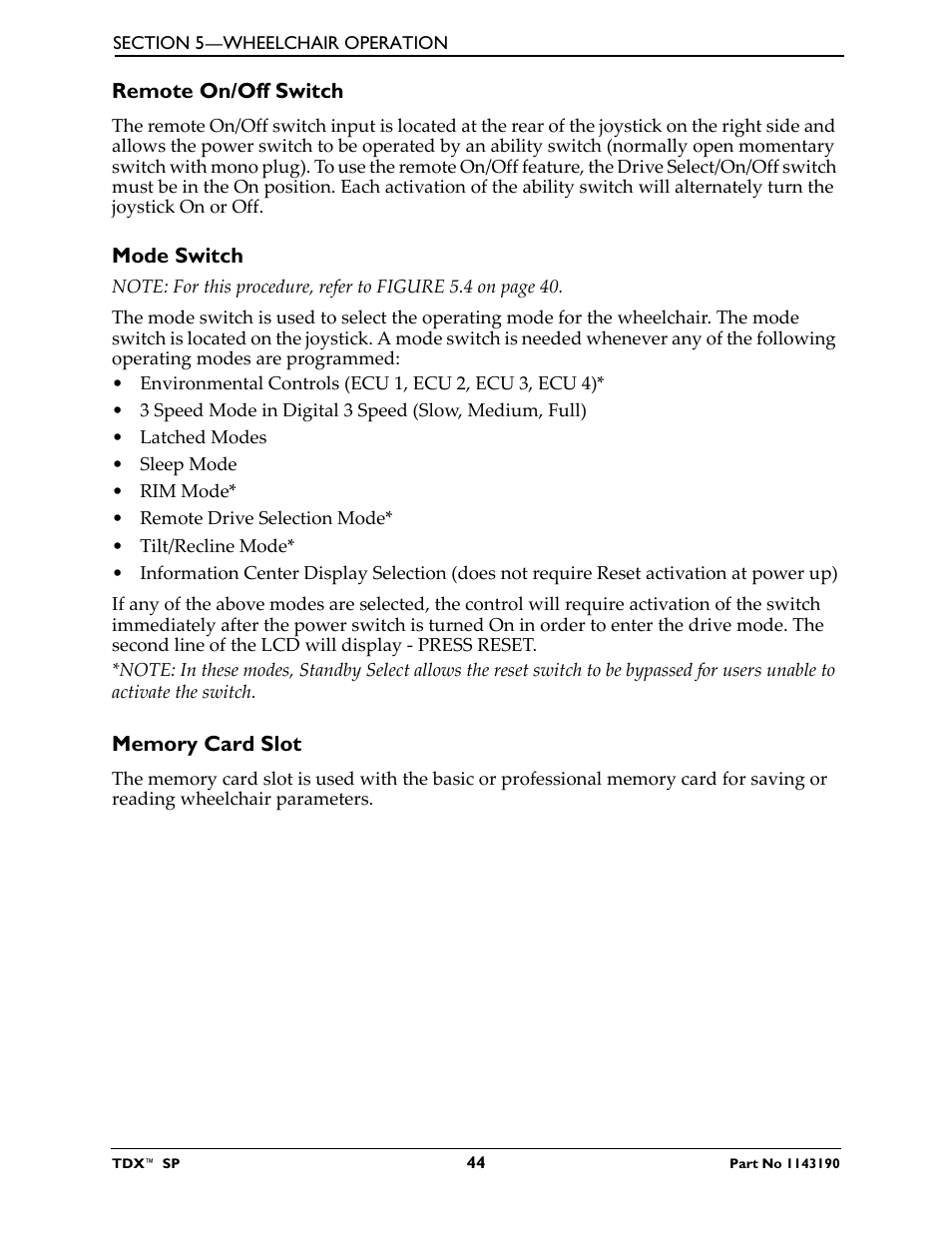 Remote on/off switch, Mode switch, Memory card slot | Invacare TDX SP User Manual | Page 44 / 72