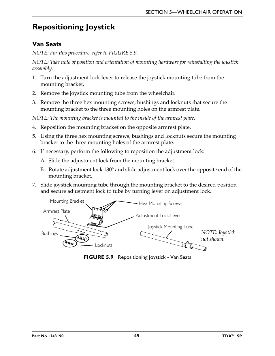 Repositioning joystick, Van seats | Invacare TDX SP User Manual | Page 45 / 72
