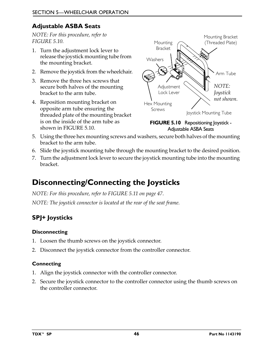 Adjustable asba seats, Disconnecting/connecting the joysticks, Spj+ joysticks | Invacare TDX SP User Manual | Page 46 / 72