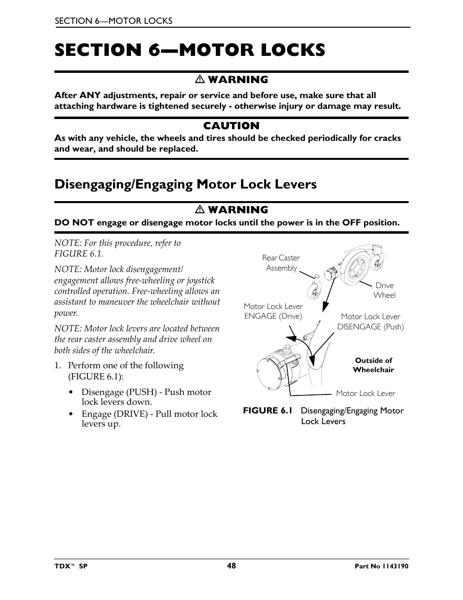 Section 6—motor locks, Disengaging/engaging motor lock levers, Refer to | Invacare TDX SP User Manual | Page 48 / 72