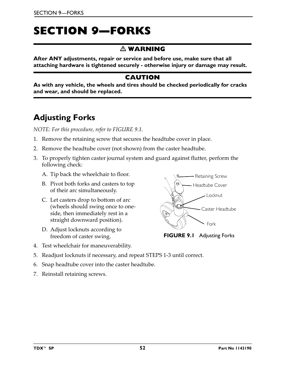Section 9—forks, Adjusting forks | Invacare TDX SP User Manual | Page 52 / 72
