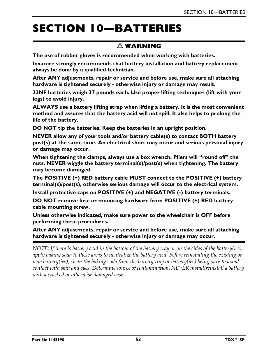 Section 10—batteries | Invacare TDX SP User Manual | Page 53 / 72