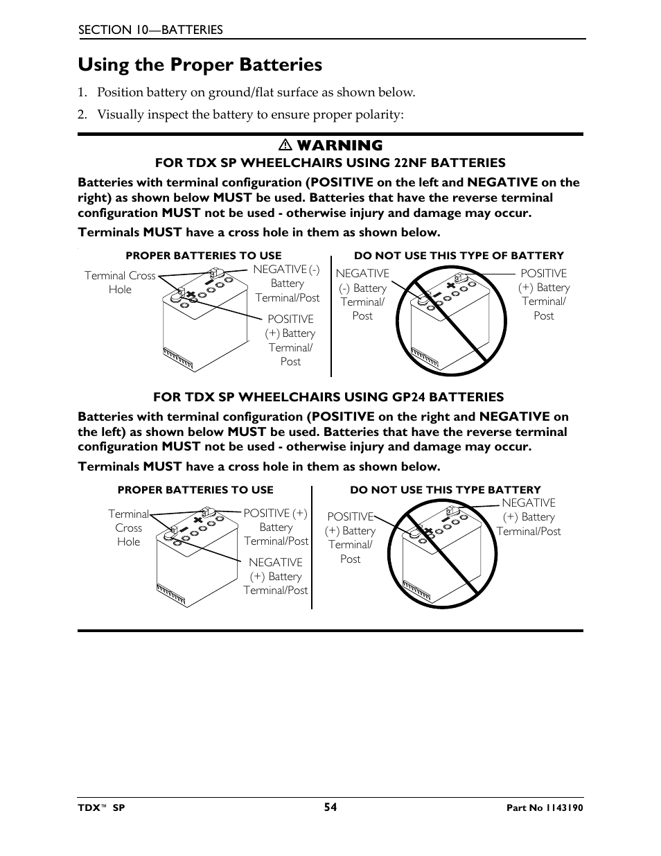 Using the proper batteries, Ƽ warning | Invacare TDX SP User Manual | Page 54 / 72