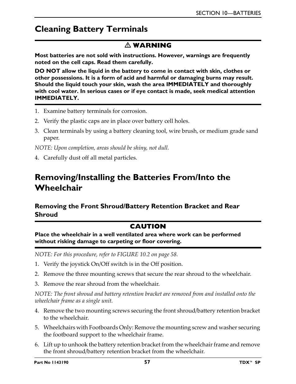 Refer to removing/installing the batteries, Cleaning battery terminals | Invacare TDX SP User Manual | Page 57 / 72