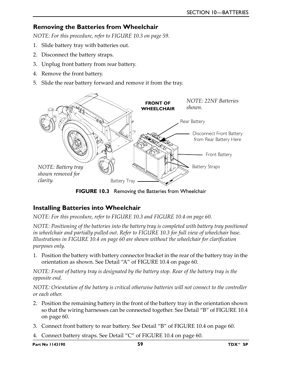 Removing the batteries from wheelchair, Installing batteries into wheelchair | Invacare TDX SP User Manual | Page 59 / 72