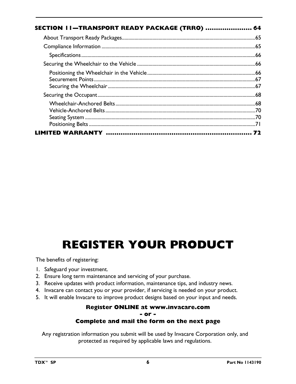 Register your product | Invacare TDX SP User Manual | Page 6 / 72