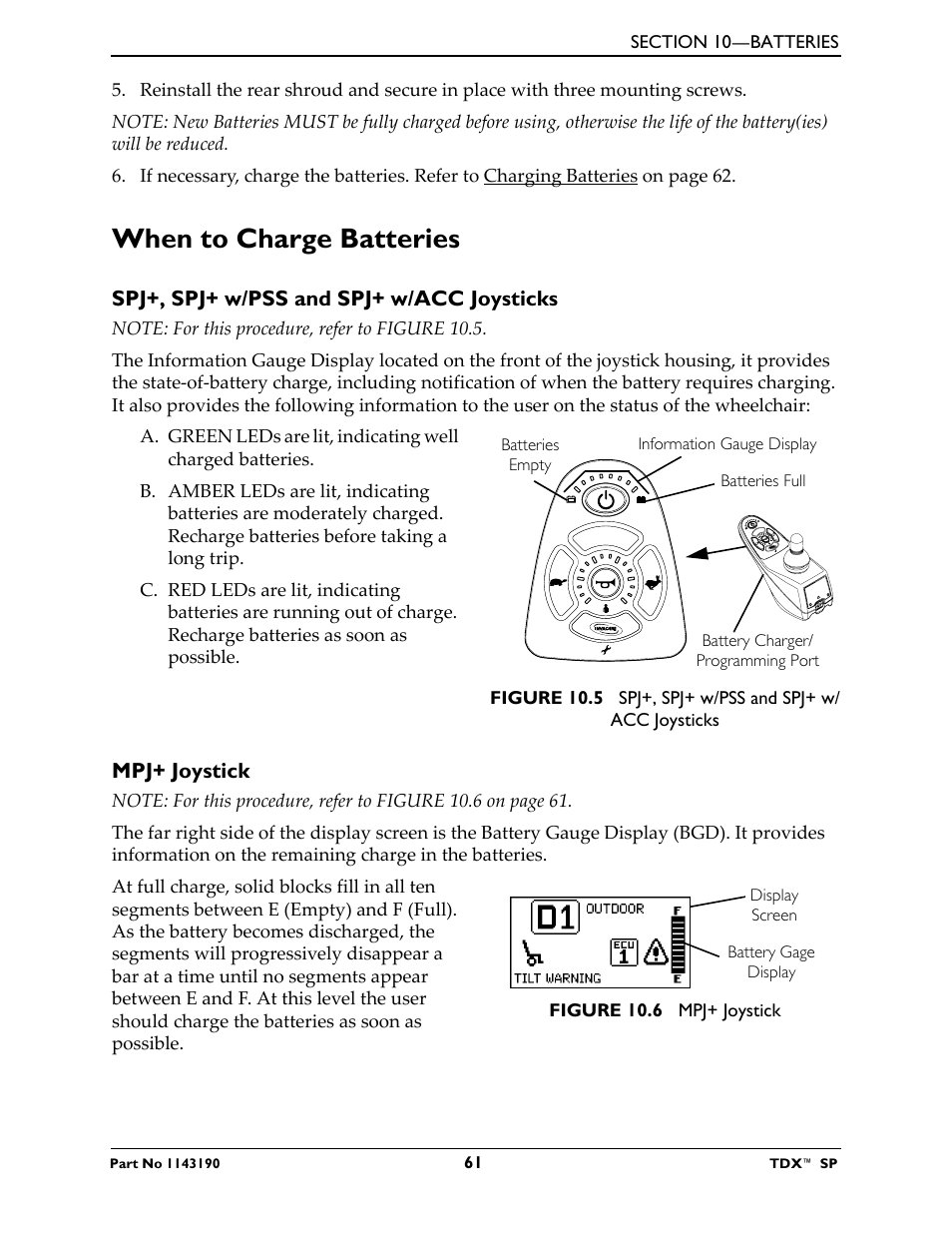 When to charge batteries, Spj+, spj+ w/pss and spj+ w/acc joysticks, Mpj+ joystick | Invacare TDX SP User Manual | Page 61 / 72