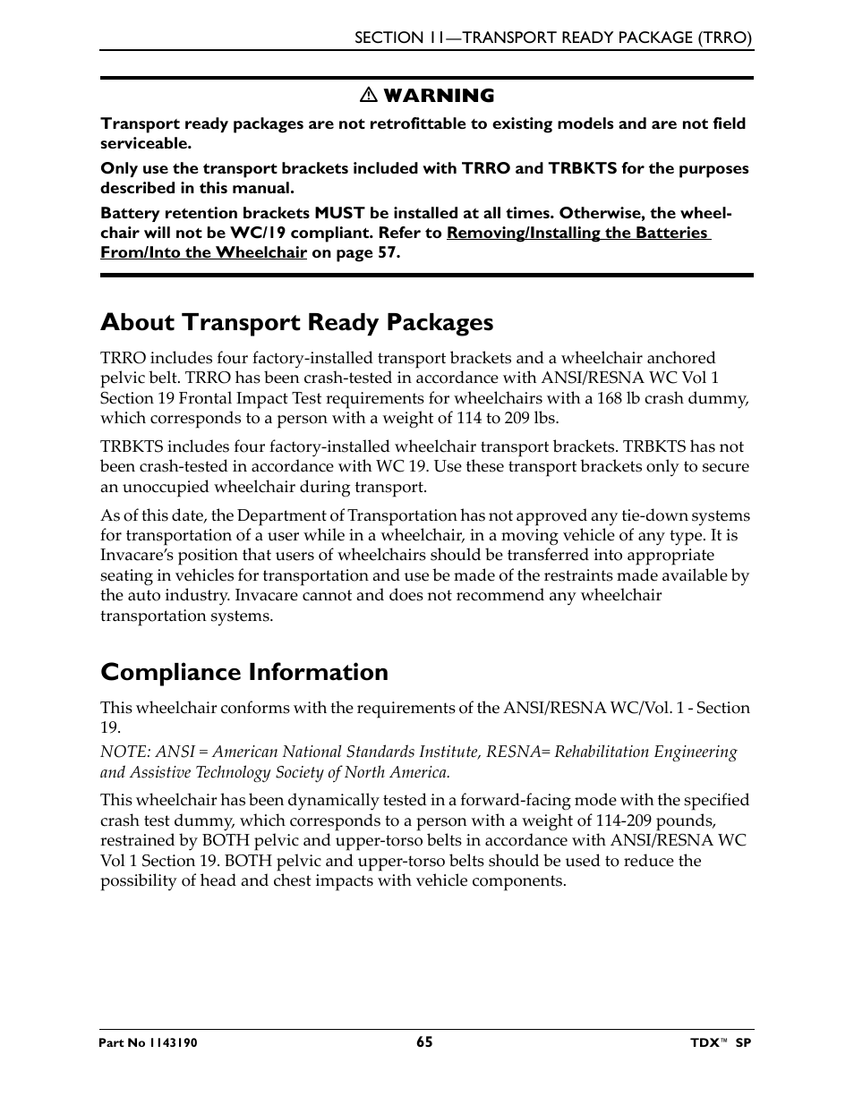 About transport ready packages, Compliance information | Invacare TDX SP User Manual | Page 65 / 72