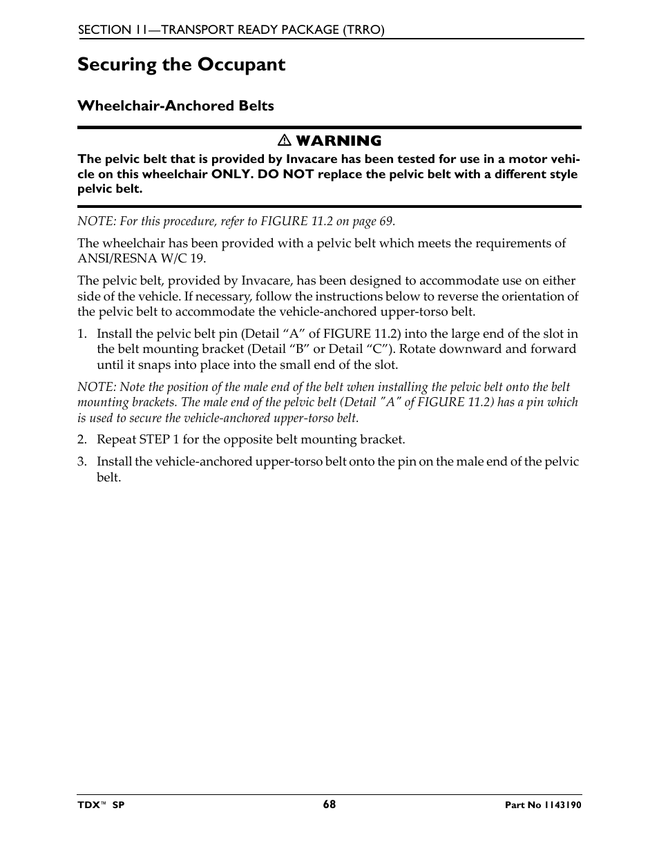 Securing the occupant, Wheelchair-anchored belts | Invacare TDX SP User Manual | Page 68 / 72