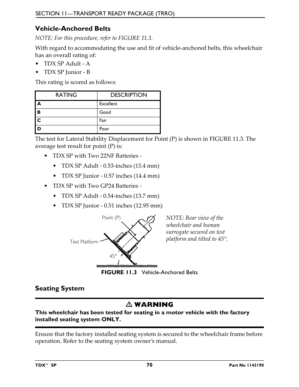 Vehicle-anchored belts, Seating system, Seating system ƽ warning | Invacare TDX SP User Manual | Page 70 / 72