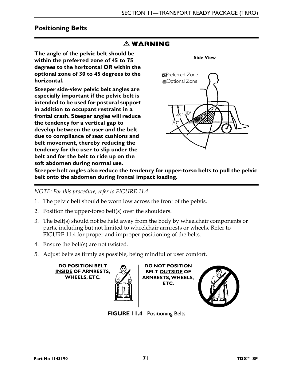 Positioning belts, Positioning belts ƽ warning | Invacare TDX SP User Manual | Page 71 / 72