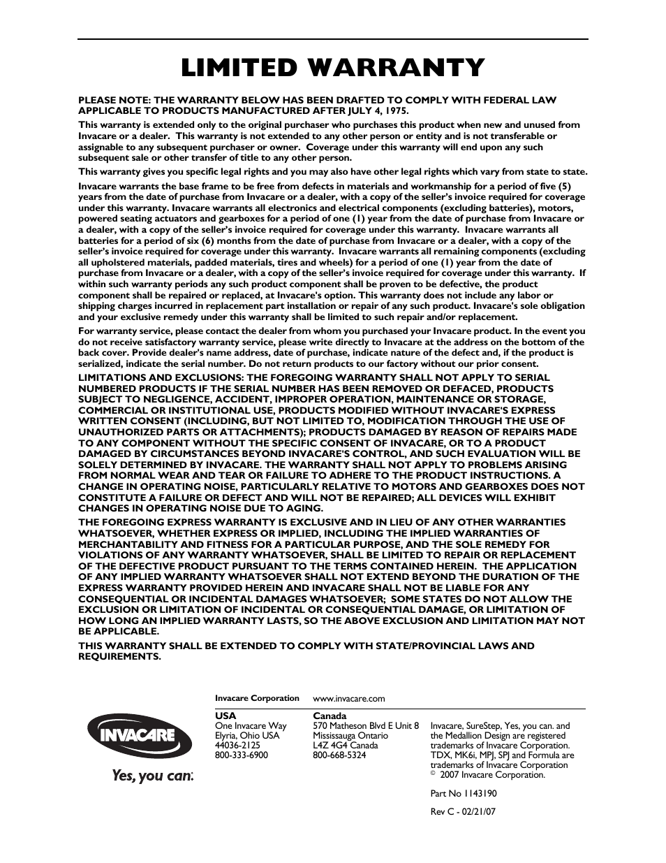 Part no 1143190, Limited warranty | Invacare TDX SP User Manual | Page 72 / 72